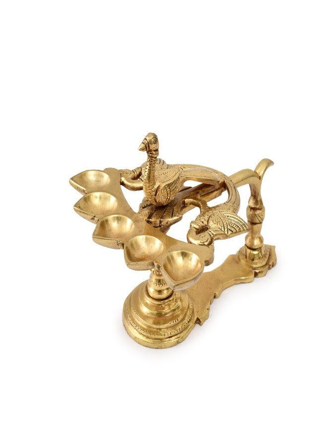 AARGKRAFT Panchmukhi Brass DiyaStand مع 5 فتائل Mayuresvara Panch Aarti Diya مع مقبض تصميم الطاووس مع 5 فتيل زيت نحاسي Aarti Hand Diya لـ Navratri وDiwali Pooja - Image 4